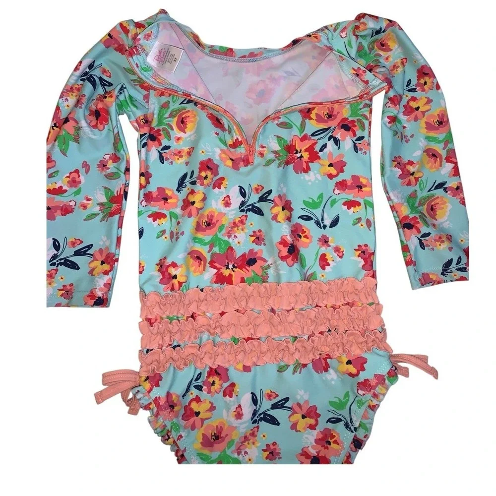 RuffleButts‎ Swimsuit Kids 3T Aqua Floral Long Sleeve Rash Guard Cottagecore